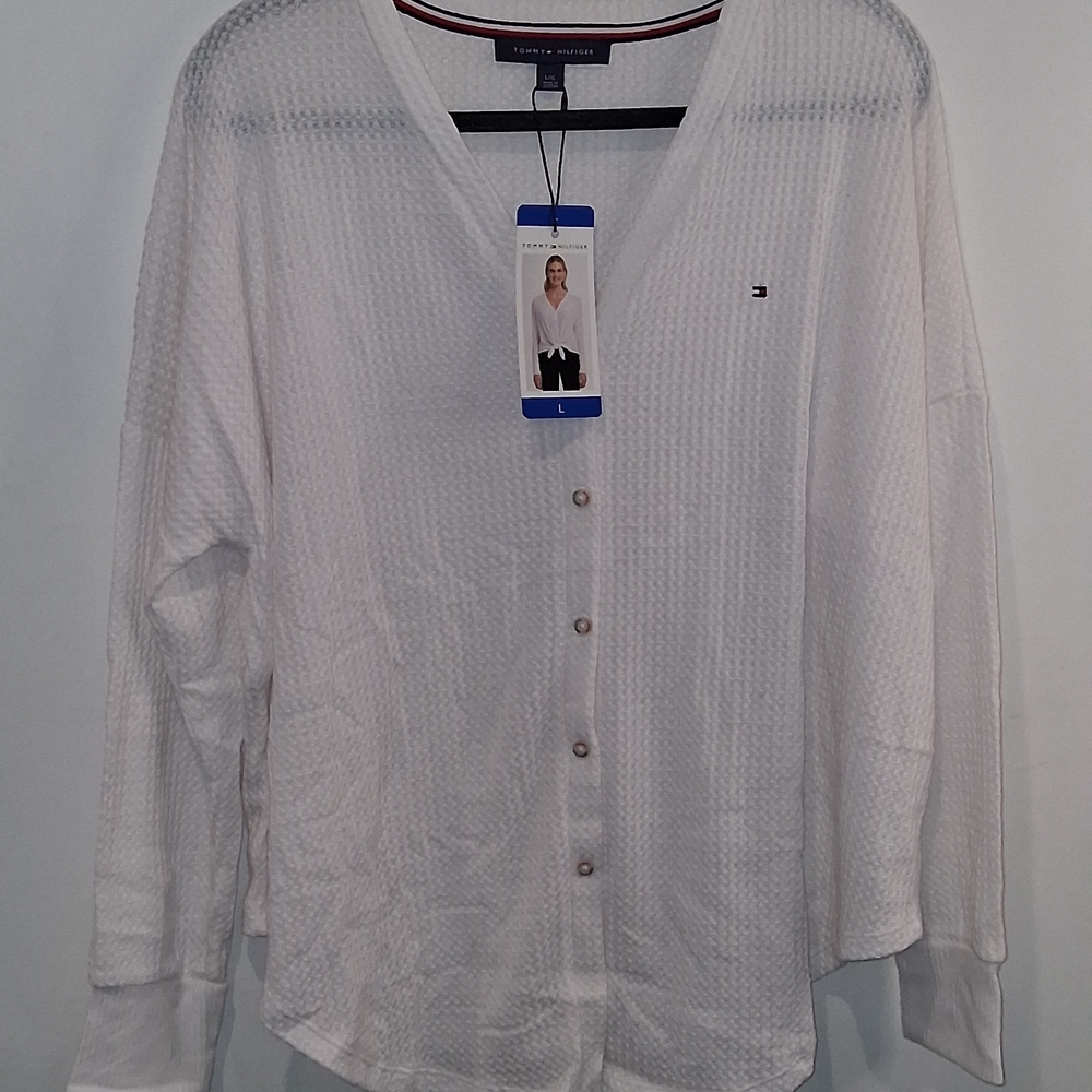 NWT Tommy Hilfiger Women Bright White Tie Front Waffle Cardigan Sweater MSRP $59